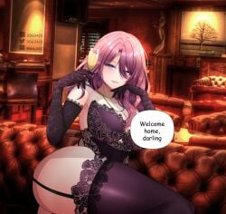 absurdres bar_(place) breasts cleavage cup d.d.g ddg3420 drinking_glass highres honkai:_star_rail honkai_(series) jade_(honkai:_star_rail) large_breasts lingerie mature_female pink_hair self-upload thighs underwear wine_glass