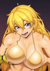 1girls bikini bikini_top blonde_female blonde_hair dyun grabbing_own_breast long_hair long_hair_female purple_eyes robotic_arm rwby solo_female yang_xiao_long