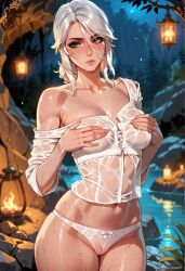 a1exwell ai_generated blush cameltoe cave ciri covered_nipples covering_breasts female green_eyes off_shoulder panties see-through see-through_clothing see-through_panties see-through_top stable_diffusion standing the_witcher_(series) the_witcher_3:_wild_hunt wet wet_body wet_clothes wet_pussy wet_shirt white_hair