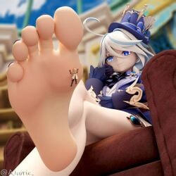 3d aether_(genshin_impact) ajairie bigger_female feet foot_fetish furina_(genshin_impact) genshin_impact giantess macro smaller_male soles tagme