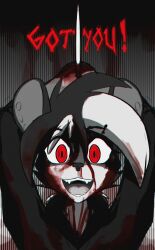 2024 absurd_res anthro blood blood_on_face bodily_fluids clothed clothing female fur gore hair hi_res hyena knife looking_at_viewer mammal observerdoz open_mouth red_eyes simple_background solo stigmata_(observerdoz) teeth text