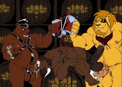 alcohol anal anthro bear beer beverage bovine cattle chubby cigar cum eye_patch eyewear feline furry furryrevolution gay group lion male male_only mastertrucker no_humans oral threesome yaoi