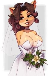 1girls anthro bandicoot beauty_mark bouquet breasts brown_hair crash_(series) dress ear_ring female green_eyes looking_at_viewer magaska19 marriage oc pierced_ear smile wedding_dress