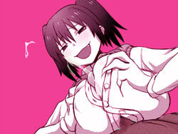 censored cum cute_fang danshi_koukousei_no_nichijou ejaculation female ikushima_(danshi_koukousei) male monochrome open_mouth osa_k paizuri paizuri_under_clothes penis pink pink_background school_uniform sex smile straight tied_hair twintails