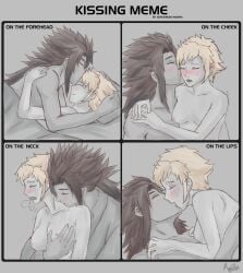 1boy 1girls bed blonde_hair blush breast_grab breasts brown_hair closed_eyes comic completely_nude cuddling english_text female fire_emblem fire_emblem_fates groping hug kissing kissing_cheek kissing_forehead kissing_neck long_hair male maplerose meme nintendo nipples nude nude_female nude_male on_bed panels pillow ryoma_(fire_emblem) scarlet_(fire_emblem) short_hair small_breasts text under_covers wholesome