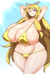 1girls arms_behind_head big_breasts bikini bikini_bottom bikini_top blonde_hair breasts curvy gigantic_breasts gold_bikini huge_breasts large_breasts long_hair one_eye_closed pandain purple_eyes solo solo_female solo_focus thick thick_thighs thighs touhou wide_hips wink yukari_yakumo