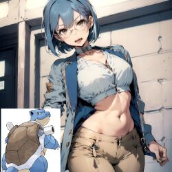 ai_generated blastoise blue_hair glasses humanization nintendo open_mouth pokemon pokemon_(species)