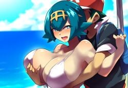 1boy 1girls ai_generated alternate_breast_size beach breast_grab female huge_breasts human lana_(pokemon) large_breasts male mullon muscular_male novelai pokemon pokemon_(anime) pokemon_journeys pokemon_sm satoshi_(pokemon) swimsuit trial_captain