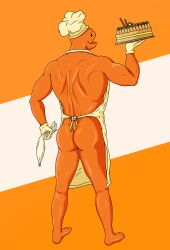 1boy anthro apron apron_only ass back back_muscles back_view bara cake chef_hat gay gloves humanoid inalecsa logo male mostly_nude muscle muscular_male solo standing