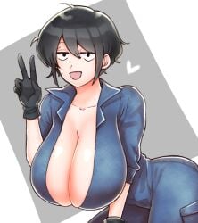 1girls big_breasts black_gloves black_hair breasts cleavage female ham121ham jumpsuit kataochi_chuuko