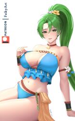 1girls alternate_costume arm_support bare_shoulders bikini blue_bikini blue_swimsuit breasts choker cleavage collarbone feikyart female female female_only fire_emblem fire_emblem:_the_blazing_blade fire_emblem_heroes flower frills green_eyes green_hair hair_flower hair_ornament high_ponytail large_breasts leaning_to_the_side long_hair looking_at_viewer lyn_(fire_emblem) lyn_(summer)_(fire_emblem) navel nintendo official_alternate_costume open_mouth parted_lips patreon_username simple_background sitting smile solo stomach swimsuit thighs very_long_hair white_background white_flower