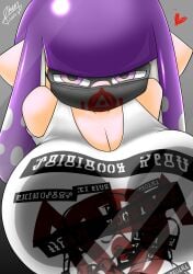 big_breasts breast_focus breasts_against_glass breasts_bigger_than_head breasts_on_glass giant_breasts glass huge_breasts inkling inkling_girl looking_at_viewer looking_up mask masked_female nintendo oc purple_eyes purple_hair shin_arialente signature splatoon splatoon_2 tentacle_hair watermark