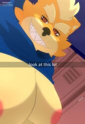 1boy animal_humanoid anthro bara_tits big_chest big_moobs big_pecs biscut_(sleepyras) blonde_hair blue_topwear evil_grin evil_smile gigantic_chest gigantic_pecs grinning grinning_at_viewer hoodie hoodie_lift hoodie_only huge_pecs humanoid inverted_nipples large_pectorals locker_room man_boobs man_breasts massive_chest massive_pecs moobs orange_eyes overweight overweight_male shark_teeth sharp_teeth sleepyras smiling smiling_at_viewer topwear_lift topwear_pull