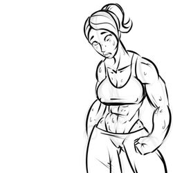 1girls abs breasts cleavage erect_nipples female large_breasts long_hair looking_at_viewer monochrome muscles muscular_female nintendo nipples ponytail shiftymcgearjam solo standing sweat tied_hair wii wii_fit wii_fit_trainer