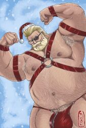 armpit_hair balls beard body_hair bulge facial_hair flaccid flexing glasses goldlewis_dickinson guilty_gear guilty_gear_strive harness male male_only overweight penis santa_hat solo solo_male takuang1919