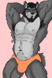 1boy abs armpits beard bearded blue_eyes briefs briefs_only dominant ear_piercing furry furry_ears furry_male furry_only gay gray_fur grinning_at_viewer hairy hairy_armpits long_fur male male_only muscular_anthro muscular_arms muscular_male muscular_thighs nipples pecs underwear underwear_only wolf wolf_ears wolf_humanoid