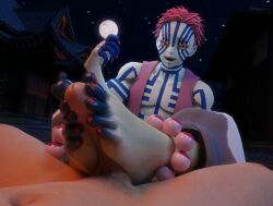 2boys 3d akaza_(kimetsu_no_yaiba) demon_slayer foot_fetish foot_focus footjob kimetsu_no_yaiba looking_at_viewer male_only mrgtsfloop muscular_male night_sky orange_nails pov shirtless_male soles