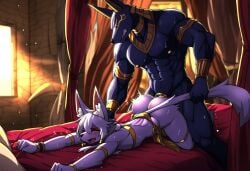 2boys abs ai_generated anubian_jackal anubis arm_grab dominant_male domination egyptian egyptian_mythology fox gay male male/male muscular muscular_male novelai sex yaoi