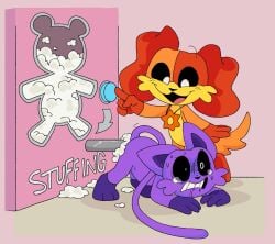 catnap_(poppy_playtime) critters_(poppy_playtime) dogday_(poppy_playtime) furry_only no_humans orange_body orange_fur orange_skin pachi_rizuu poppy_playtime poppy_playtime_(chapter_3) purple_body purple_fur purple_skin simple_background simple_shading smiling_critters suffering