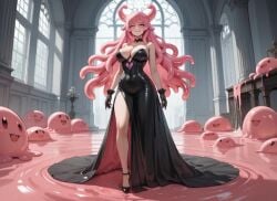 ai_generated black_dress evil_grin evil_smile oc original_character pink_slime queen slime slime_girl slime_hair slime_monster the_evil_slime_queen_(oc) villainess