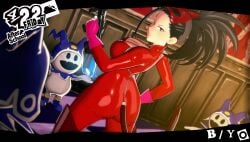 2024 3d ann_takamaki_(cosplay) big_ass big_breasts biyo black_hair bodysuit clothing cosplay diagonal_angle female firearm handgun heroine human imminent_rape inminent_sex jack_frost_(megami_tensei) jpeg latex momo_yaoyorozu my_hero_academia pale_skin persona persona_5 phantom_thief_suit weapon