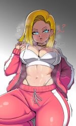 1girls android_18 blonde_hair blue_eyes breasts cleavage dragon_ball dragon_ball_z female female_only kiwiartsu large_breasts looking_away midriff simple_background solo