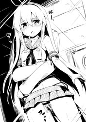 1boy binsen black_panties blush breath elbow_gloves female gloves hairband kantai_collection long_hair monochrome navel open_mouth panties penis personification pussy saliva shimakaze_(kantai_collection) skirt striped striped_legwear tear underwear vaginal_penetration