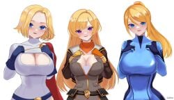 3girls blonde_female blonde_hair blue_eyes cleavage cleavage_cutout clothed_female color crossover dc dc_comics female female_only fully_clothed gatlas gatlasart02 kara_zor-l karen_starr metroid multiple_girls power_girl purple_eyes robotic_arm rwby samus_aran shiny_clothes superman_(series) tight_clothing yang_xiao_long zero_suit_samus