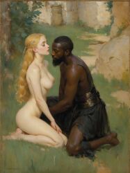 1boy 1girls ai_generated blonde_hair dark-skinned_male dark_skin female interracial male nude taprincesserose