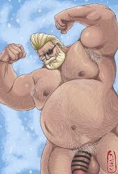 armpit_hair balls beard big_balls big_penis body_hair censored_penis facial_hair flaccid flexing glasses goldlewis_dickinson guilty_gear guilty_gear_strive male male_only nude overweight penis solo solo_male takuang1919