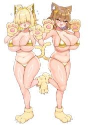 2girls :3 :3d :d ahoge animal_ears anis_(nikke) arato_asato bikini blonde_hair blush breasts brown_eyes brown_hair cat_ears cat_smile cat_tail chestnut_mouth cleavage collarbone cute elegg_(nikke) female goddess_of_victory:_nikke gold_bikini hair_intakes hair_over_eyes highres kemonomimi_mode large_breasts leg_up looking_at_viewer micro_bikini multiple_girls navel on_one_leg paw_gloves shiny_skin short_hair simple_background skindentation smile swimsuit tail teeth undersized_clothes upper_teeth_only white_background