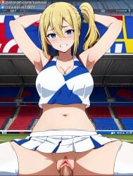 1boy 1girls ai_generated anime blonde_hair blue_eyes cheerleader cheerleader_outfit cowgirl_position female hayasaka_ai human kaguya-sama_wa_kokurasetai_~tensai-tachi_no_renai_zunousen~ large_breasts male sex stable_diffusion vaginal_penetration vaginal_sex