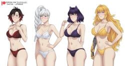 4girls black_hair black_hair_female blake_belladonna blonde_female blonde_hair blue_eyes bra cat_ears female female_only human multiple_girls panties purple_eyes red_highlights robotic_arm ruby_rose rwby silver_eyes tehshraid underwear weiss_schnee white_hair white_hair_female yang_xiao_long yellow_eyes