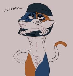 beanie calico_cat clothed clothing clothing_lift domestic_cat epic_games felid feline felis female fortnite genitals hat headgear headwear mammal meow_skulls meow_skulls_(fortnite) piercing pussy sinnerbuns solo tail