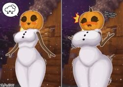 1girls 2024 blurry_background breast_expansion breasts curvy curvy_figure eyelashes female_focus female_only flustered happy hips jack-o'-lantern minecraft minecraft_background mojang open_mouth outside plant pumpkin pumpkin_head smile snow_golem snowman standing stick_arms tepes101 thick_thighs thigh_expansion white_body