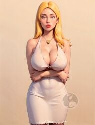 ai_generated american_dad big_breasts big_butt big_nipples blonde_hair elygordan elygordanart francine_smith huge_breasts huge_butt huge_nipples looking_at_viewer milf nipples_visible_through_clothing red_lipstick solo tight_clothing white_dress