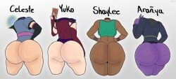 ass ass_cheeks ass_comparison ass_focus ass_size_chart bottom_heavy bottomless card dark-skinned_female junior_art_ light-skinned_female magic original_characters peace_sign purple_skin