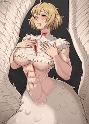 1girls abs artist_name big_breasts blonde_hair blood_stain busty cheekie0 chimera delicious_in_dungeon dungeon_meshi falin_touden falin_touden_(chimera) feathers light-skinned_female light_skin muscular muscular_abs muscular_arms muscular_female underboob wings yellow_eyes