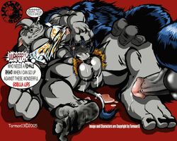 2005 abs ape balls biceps bruno_rhynox clothing cum cum_in_mouth cum_inside cum_on_balls dialog fellatio furry gay gorilla leaking male male_only muscles no_humans oral oral_sex pecs penis primate red_eyes rhinoceros sex shirt text tomcat_(artist) yaoi