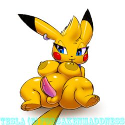 anthro areola balls blue_eyes breasts busty chubby cleavage dickgirl erect_nipples forsakenmaddness futanari herm intersex nintendo nipples overweight paws penis pikachu pokemon precum tesla testicles video_games voluptuous xylas