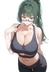 abdomen accessories accessory after_workout ai_generated armpits big_breasts bikini black_clothing blushing boob_window choker cleavage dark_green_hair dark_hair expressionless eye_contact fit_female flirting flirting_with_viewer glasses green_eyes gym indifferent jujutsu_kaisen looking_at_viewer looking_down_at_viewer messy_hair mommy nail_polish post_workout pulling_bra pulling_clothing short_hair strong_woman sweat teacher working_out workout workout_clothes zenin_maki