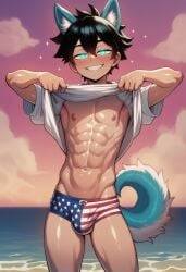 4th_of_july abs ai_generated astriad_(cocky69) beach blush bulge cocky69 dog_ears dog_tail looking_at_viewer male_focus male_only muscles muscular muscular_male sand sea solo solo_male standing water