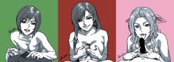 3girls aerith_gainsborough big_breasts blowjob brown_eyes fellatio female female_focus final_fantasy final_fantasy_vii green_eyes himemura_saki long_hair male male_pov medium_breasts paizuri penis pov precum red_eyes short_hair small_breasts tagme tifa_lockhart yuffie_kisaragi