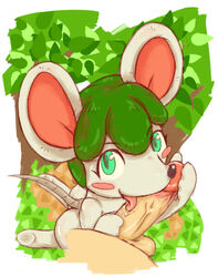 animal_crossing ass balls big_ear blush bree_(animal_crossing) female female_focus green_eyes green_hair mouse nintendo oral penis rigi rodent saliva source_request tongue tongue_out tree vein year_request