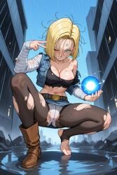 ai_generated android_18 arched_foot areola_peek areolae_peeking battle_damage blonde_hair blue_eyes cameltoe crop_top dragon_ball dragon_ball_z energy_ball hurt leggings long_sleeves messy_hair midriff nipple_peek off_shoulder panties peace_sign puddle single_boot squatting sweat torn_clothes torn_clothing upskirt vagina_outline vest wink