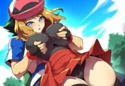 1boy 1girls ai_generated ash_ketchum blonde_hair breast_grab female huge_breasts large_breasts male mullon muscular_male novelai panties pokemon pokemon_journeys pokemon_protagonist pokemon_xy satoshi_(pokemon) serena_(pokemon)