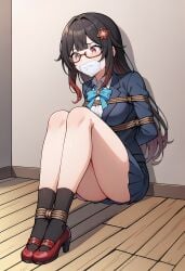 ai_generated alternate_costume alternate_hairstyle arms_tied_behind_back barjoe01 bondage bound_ankles brown_hair gag gagged genshin_impact hu_tao_(genshin_impact) megane red_eyes sitting tape_gag