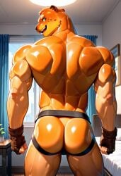 ai_generated anthro anthro_male ass back biceps blush canine domestic_dog doughberman_(fortnite) fingerless_gloves fortnite furry gay green_eyes jockstrap jockstrap_only looking_at_viewer looking_back male male_only muscular muscular_male nude_male orange_skin smile toned_body toned_male twall97