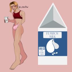 1boy 1femboy blonde_femboy blonde_hair blonde_hair_male blush bulge bulge_through_clothing cheeks crop_top cum cum_cup cum_on_body cup_of_cum femboy femboy_focus femboy_only femboysub glass glass_cup jared_(jons4w) jo_ns4w jojoenlasnubes jojoverse male milk oc ocs original original_art original_artwork original_character original_characters semen shy solo underwear