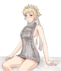 1girls alternate_costume armpits bare_arms bare_thighs blonde_hair blush breasts brown_eyes female female_only fire_emblem fire_emblem_fates freckles looking_at_viewer maplerose nintendo scarlet_(fire_emblem) short_hair sideboob sitting small_breasts smile solo sweater thighs virgin_killer_sweater yellow_hair